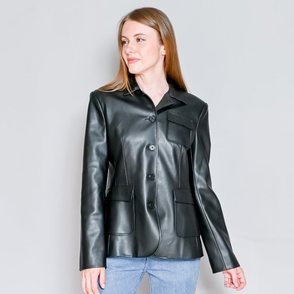 DANZ NY Tailored Vegan Leather Blazer Jacket with Pockets in Black M $638